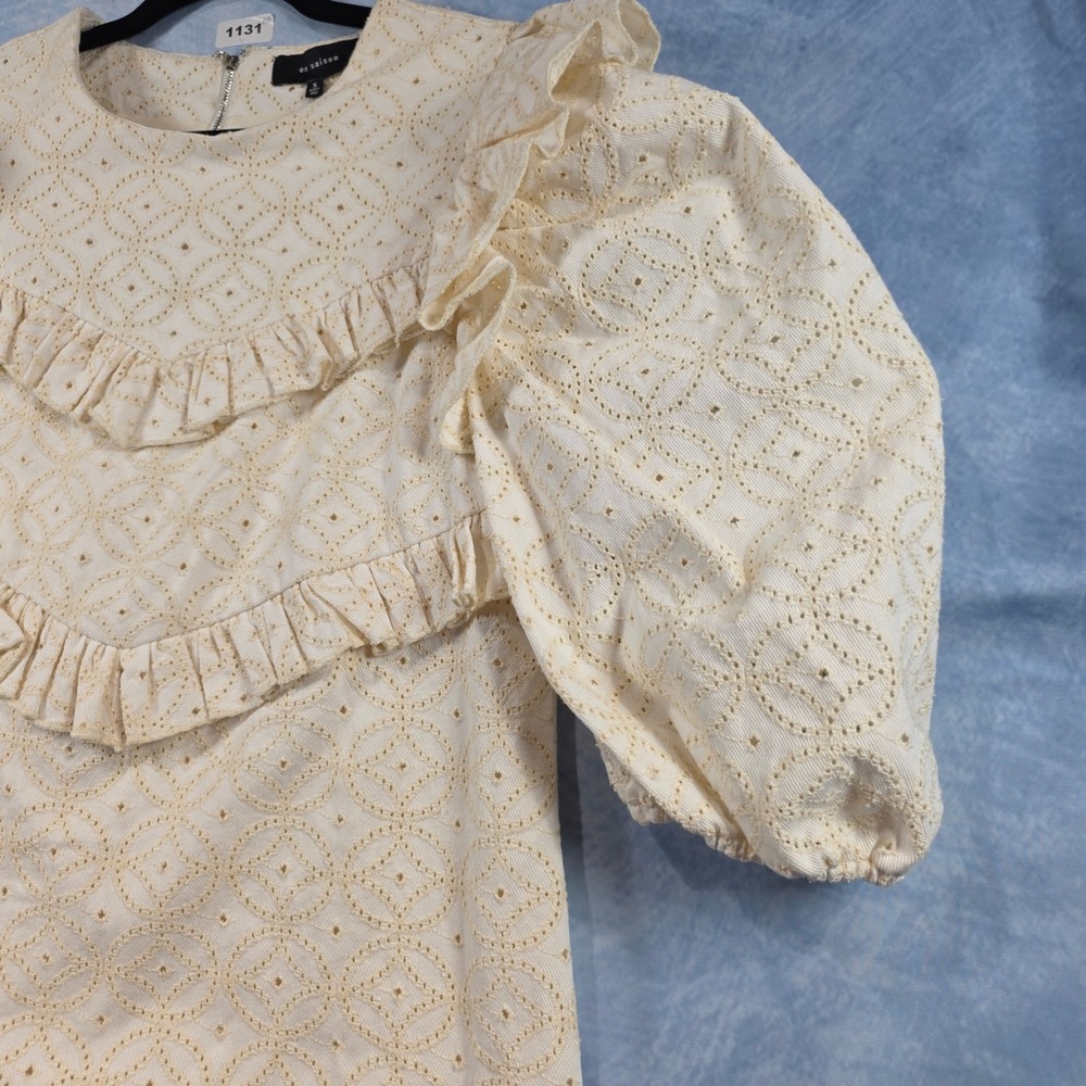 En Saison Eyelet Ruffle Puff Sleeve Mini Dress Cream Women Small Zip Back - Picture 5 of 8
